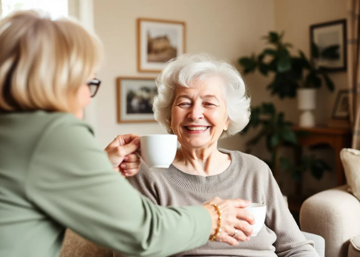 A carer sharing a cup of tea with a smiling older woman at home