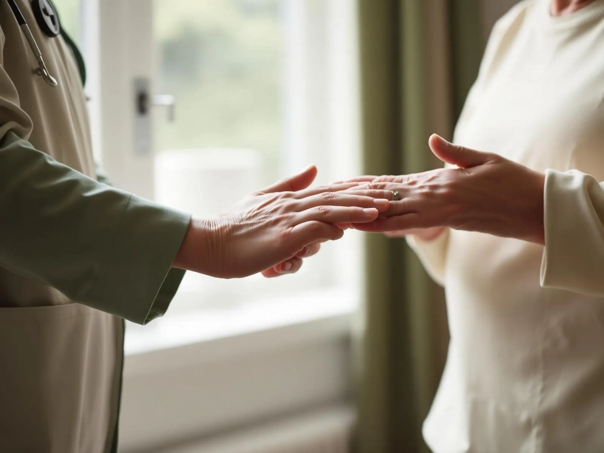A caregiver gently holding the hands of an older woman