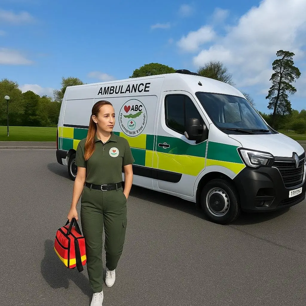 ABClivein crew member with response bag beside a green and yellow ambulance
